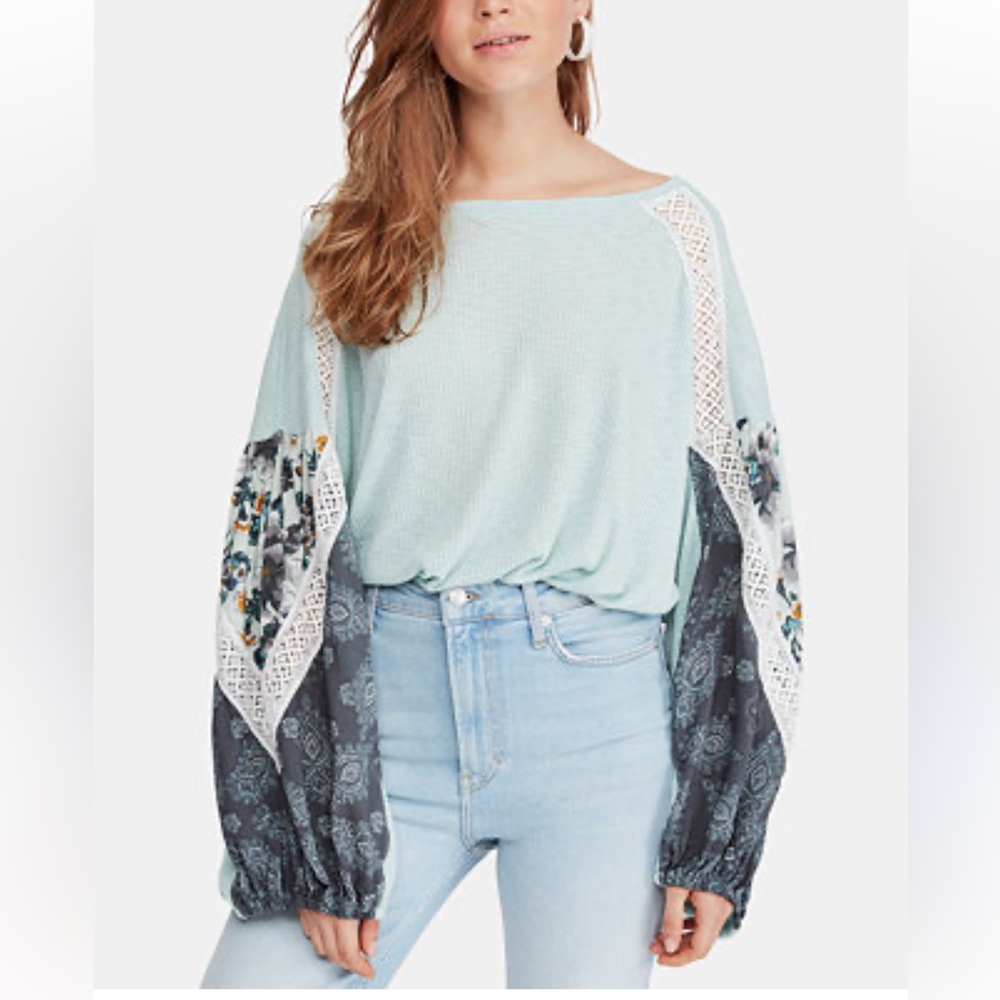 Free People Mint Green Boho Waffle Knit Top Lace Pattern Sleeves Oversized XS